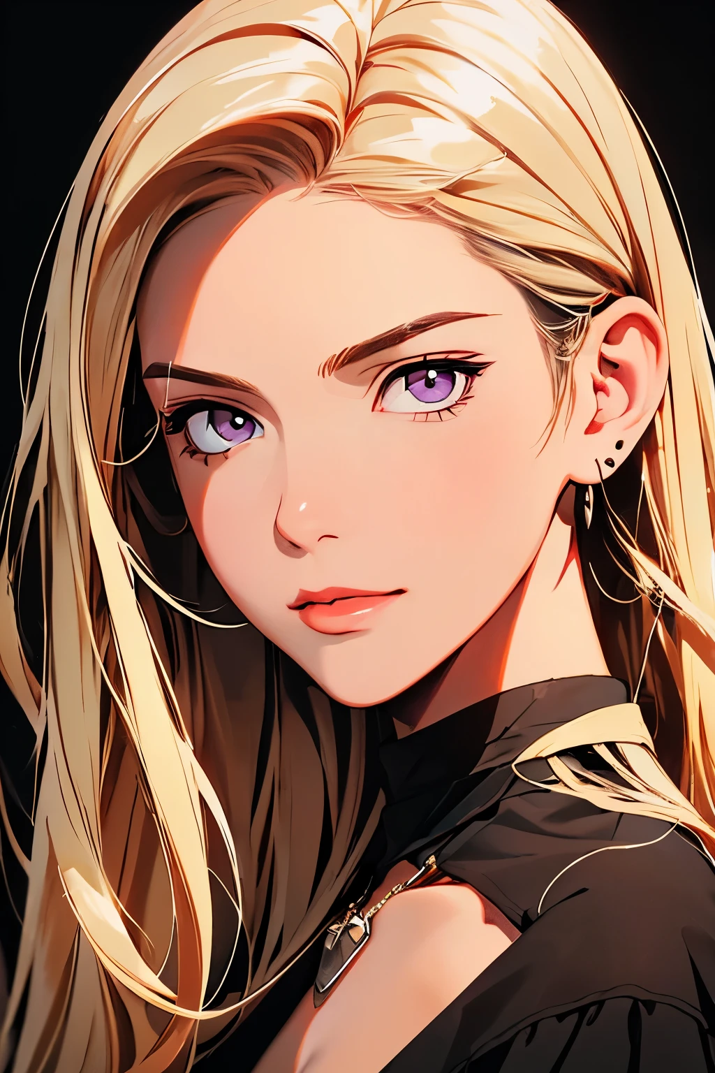 a_painting_portrait_of_bishamon_from_noragami_A girl with long wavy loiro hair , ((Uma garota)), (loiro) ,(trança de cabelo longo:1.3), purple eyes, um sorriso leve, rosto lindo , 18 anos , (figura esbelta , seios grandes) , cinto de corrente, saia lápis de látex cintura alta, Manga de braço de látex, ((Cinto)), ((cinto de quadril)), lenço de couro preto, blusa branca ombro a ombro, afinar, Cidade da Noite , luz neon , surrealismo_(((Obra de arte)))_(retrato)_luz difusa_sombras dinâmicas_foco nitído_realista_1girl_choker nacklace_smiling_2d illustration_8k_Verão_lascivo_grão de filme_Ilford HP5_80mm_big hair_ (masutepiece: 1.3), (max resolution: 1.2), (Ultra HDTV: 1.2), cinematric light, Ultra HDTV, (Detailed eyes and skin), (detailed facial features), nffsw, 8K resolution, Sharp Focus: 1.2, Perfect Style, Beautiful face, Perfect body, precise, Anatomically correct, Highly detailed face and skin texture, Detailed eyes, purple eyes, Double eyelids, Thin eyebrows, Glitter Eyeliner: 1.2, Natural cheeks, Glossy skin, Fair skin: 1.2, shiny little necklace and earrings, (Glossy lips: 1.4), BREAK, One-person viewpoint, (Seductive smile: 1.2), ((a Innocent and cute girl:1.3)), (very Long Wave Hair), (Blond hair:1.2), (Cowboy Shot: 1.2), BREAK, ((Very intimate relationships: 1.2)), medium large breasts, ((Looking at Viewer:1.2)),  purple eyes, um sorriso leve, rosto lindo , 30 anos , (figura esbelta , seios grandes) , cinto de corrente, saia lápis de látex cintura alta, Manga de braço de látex, ((Cinto)), ((cinto de quadril)), lenço de couro preto, blusa branca ombro a ombro, afinar,