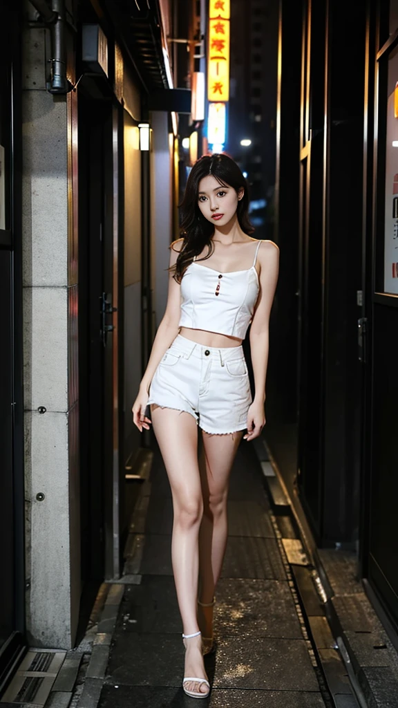 one girl,Beutiful women,Photograph the whole body,In a corner of Tokyo,At night,Wear a camisole,Wearing white hot pants