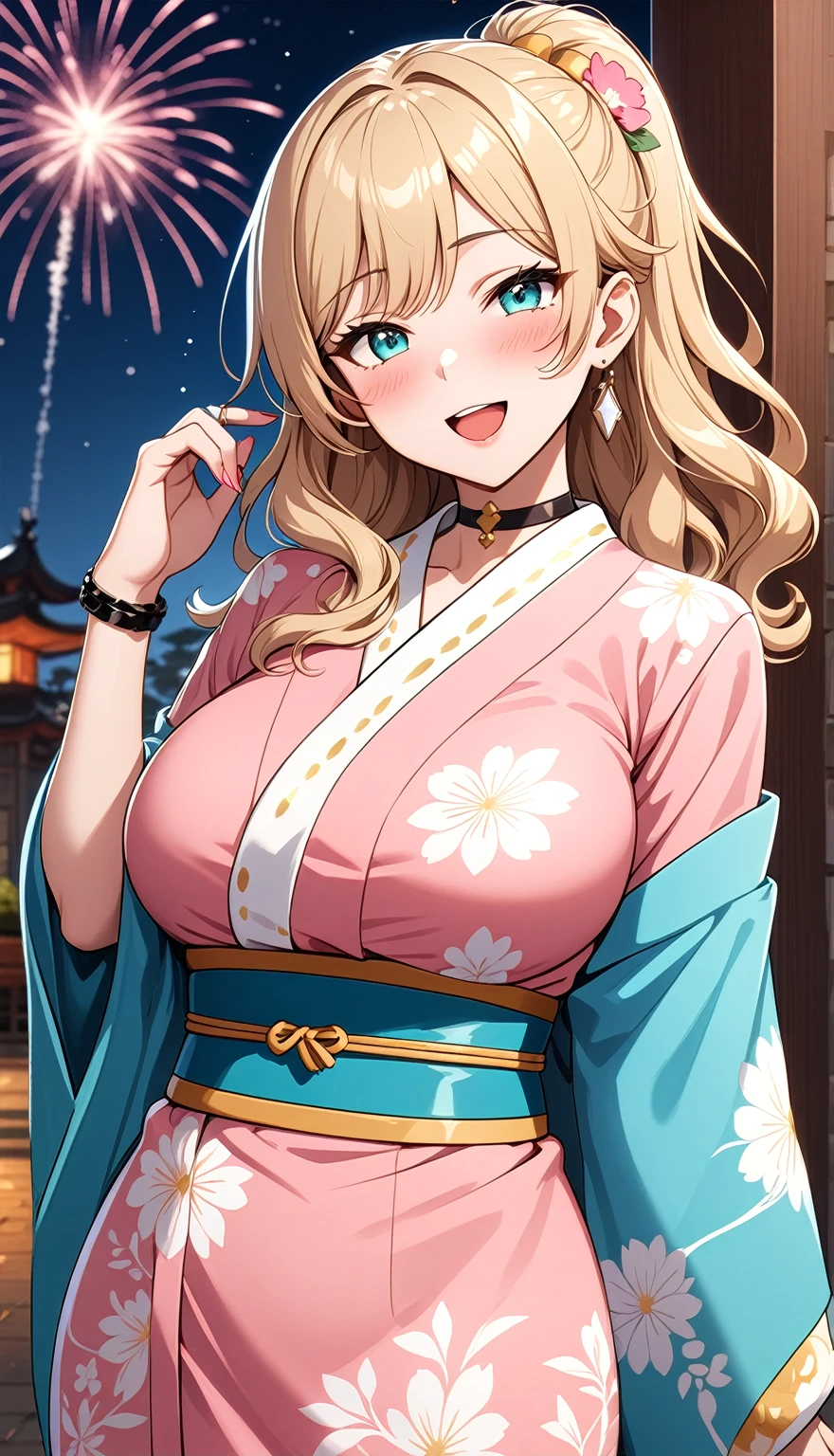 ((One personの女性)), Beautiful Face,(Laughing embarrassedly), (naughty face:1.2), ((Wink:1.9)), (head tilt:1.3), Laughing with your mouth open, upper teeth, ((full-face blush:1.5)), looking at viewer, Glossy Red Lips, (Shining Face), ((anime colored)), ((Anime style background)) , night, Observatory, Festival decorations, firework, ,masterpiece, Highest quality, so beautiful,up to date, Complex details, (Pink long nails),(ring),(bracelet),(choker),AI-generated, Complex,High resolution, Highest quality, super high quality,3D Images、3D Images,One person,Long blonde hair,ponytail, wavy hair ,写真のポーズをとるAnime Women, ((Fine grain、Lightly pigmented turquoise eyes、Shining Eyes:1.3)), (Squint your eyes:1.1),a hyperRealistic , hyperRealistic , Realistic,Anime Women, Smooth anime CG art, ((A woman in a gold embroidered kimono)), ((Pink long sleeve kimono:1.4)),((white floral pattern:1.3)), Long flower hair ornament,Earrings,Mature Body,(Big Breasts:1.1),Tall,Abdominal muscles,Tight waist,(face focus:1.3), ((front view)),