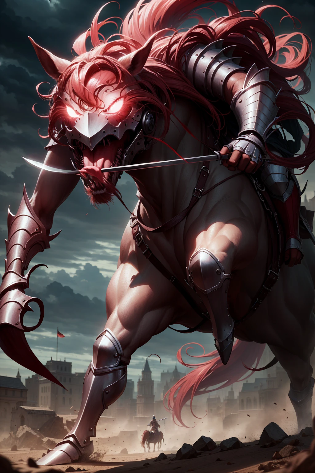 sexy swordsman knight woman riding on a horse on the battlefield