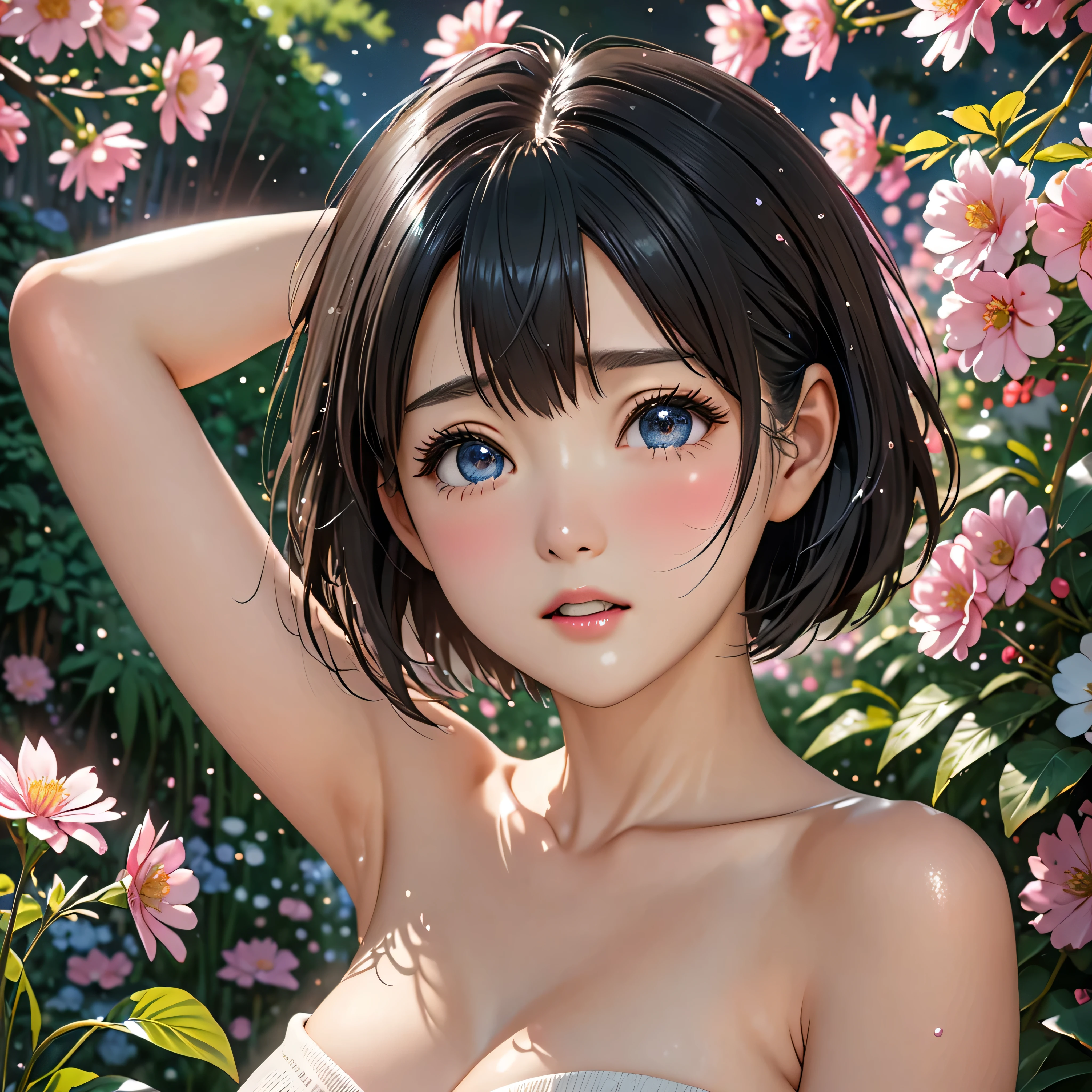 National Science Foundation,masterpiece,High resolution,8K,Art,digit,Three-dimensional,Realism,Kyoto Animation Style,your name movie style,cute,baby face,look into camera,In the garden full of flowers,(1 girl: 1.3),(alone: 1.4),(Upper body nudity),Put your hands behind your head,Black hair,Long eyelashes,Long thin legs,Short Bob,Close-up of upper body,Close-up,Close up,Eyes as deep as the starry sky,blush,shy,pain,open mouth