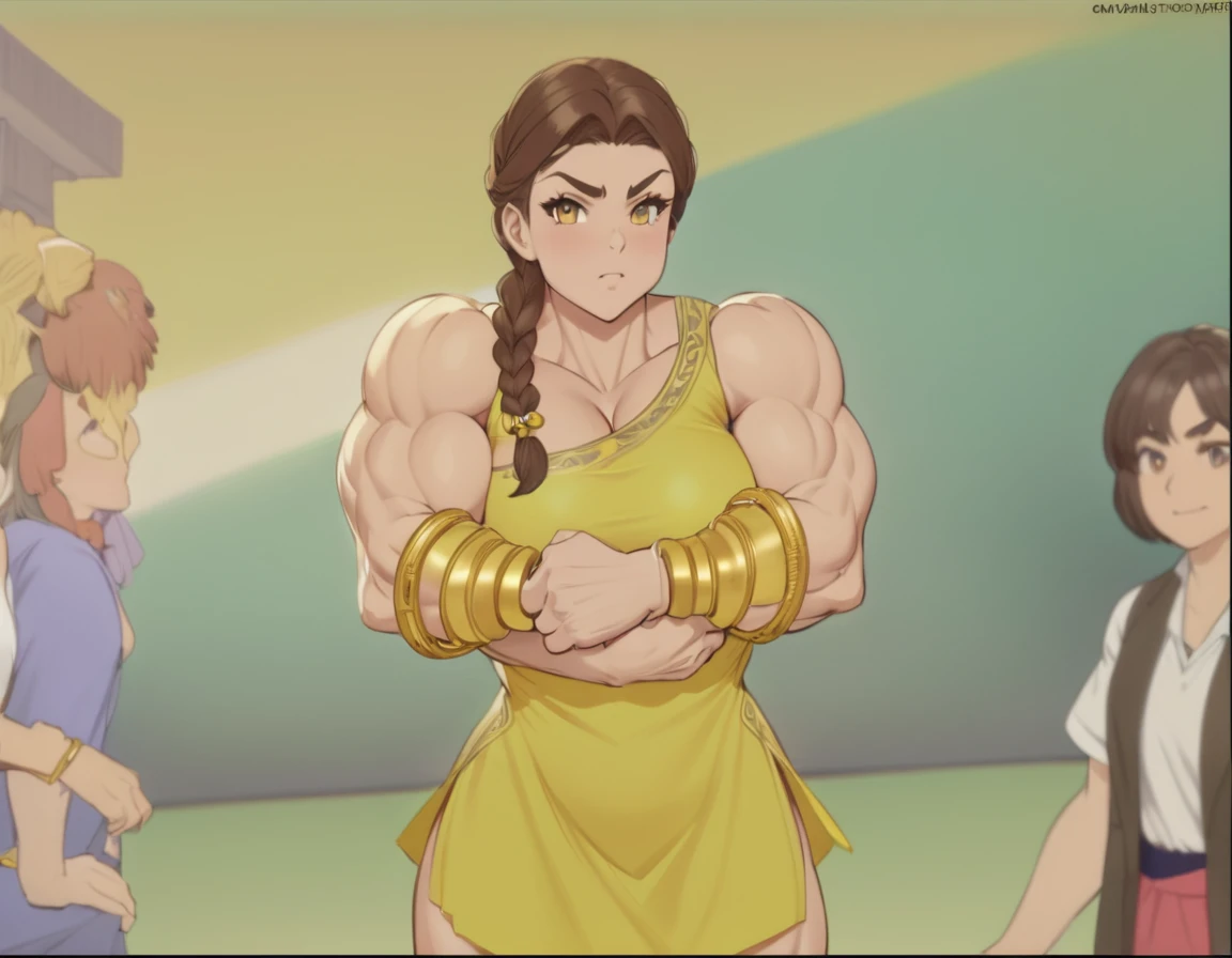 muscle woman with braided brunette hair wearing ancient greek yellow tunic flexing massive muscles wearing yellow metal bracelet, muscle woman, huge muscles, muscle girl, biceps, pecs