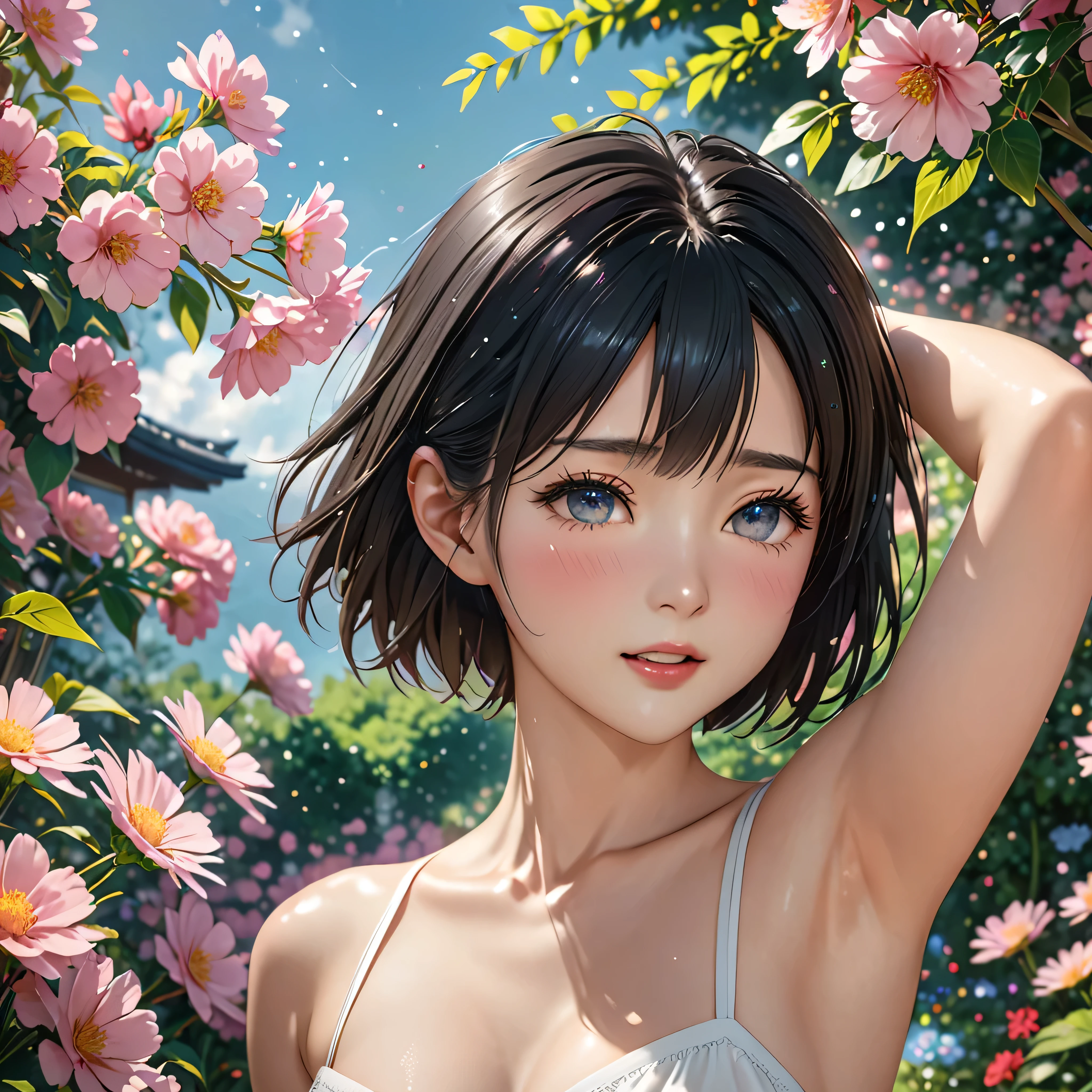 National Science Foundation,masterpiece,High resolution,8K,Art,digit,Three-dimensional,Realism,Kyoto Animation Style,your name movie style,cute,baby face,look into camera,In the garden full of flowers,(1 girl: 1.3),(alone: 1.4),(Upper body nudity),Put your hands behind your head,Black hair,Long eyelashes,Long thin legs,Short Bob,Close-up of upper body,Close-up,Close up,Eyes as deep as the starry sky,blush,shy,pain,open mouth