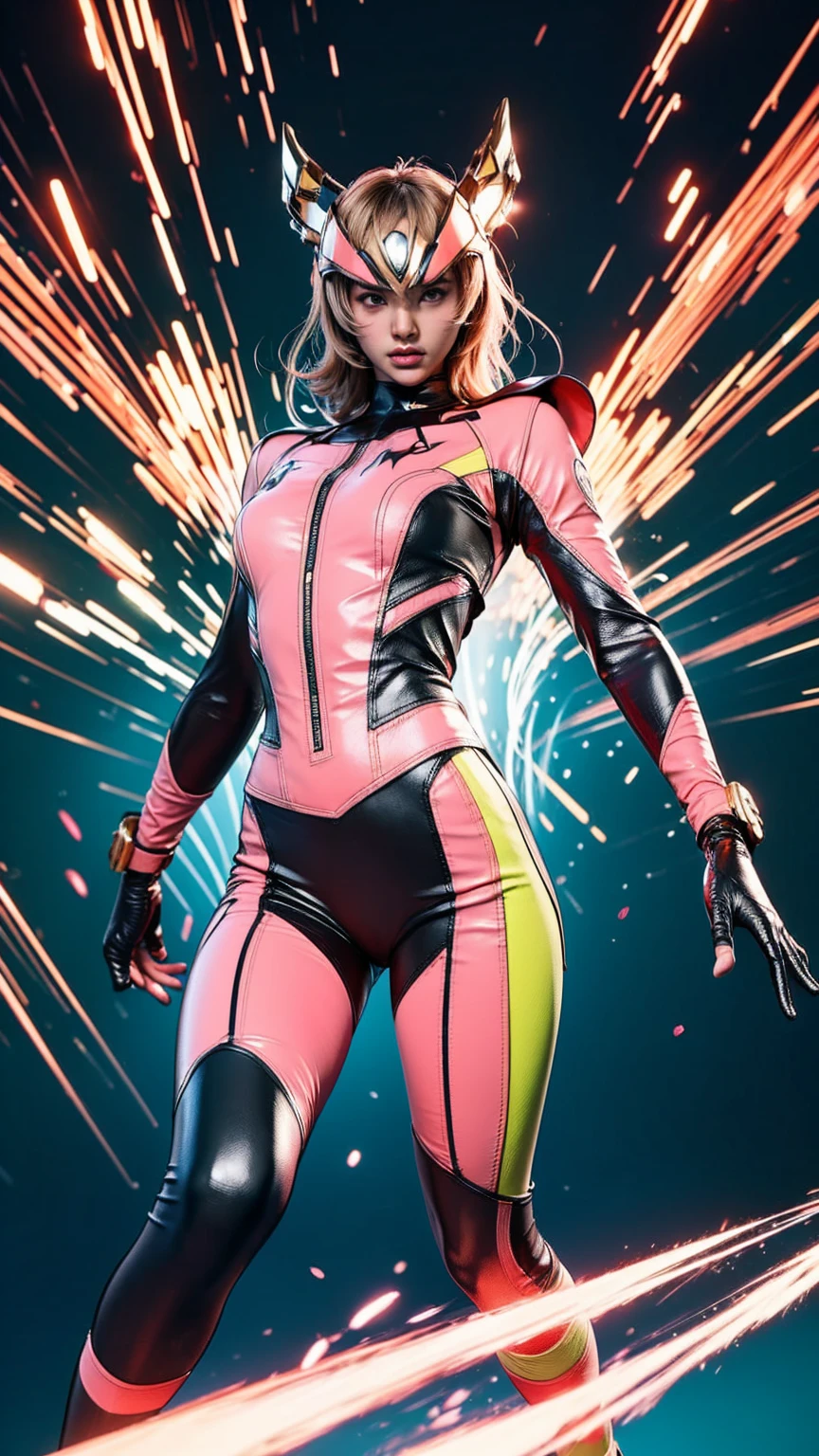 Solo, A brave and courageous image of a 6 member ranger team, Each one is decorated in vibrant colors such as:: ((Pink)), red is front of center, violet, Green, yellow, blue black, white,. Heart motif belt, Dynamic poses in a background that exudes energy and courage, neon, fire, plasma, Fluorescent, shocking, pink big bomber, splashing pink, running, fighting pose, action pose, Embodying the essence of the classic Sentai superhero team. Each Ranger:: The attire is sophisticated and modern, Each color has elements that reflect its theme., Ready for action. ((Camel Toe)), weapons, in sunset background , in cinematic lighting, cover art mixed cinema poster style,