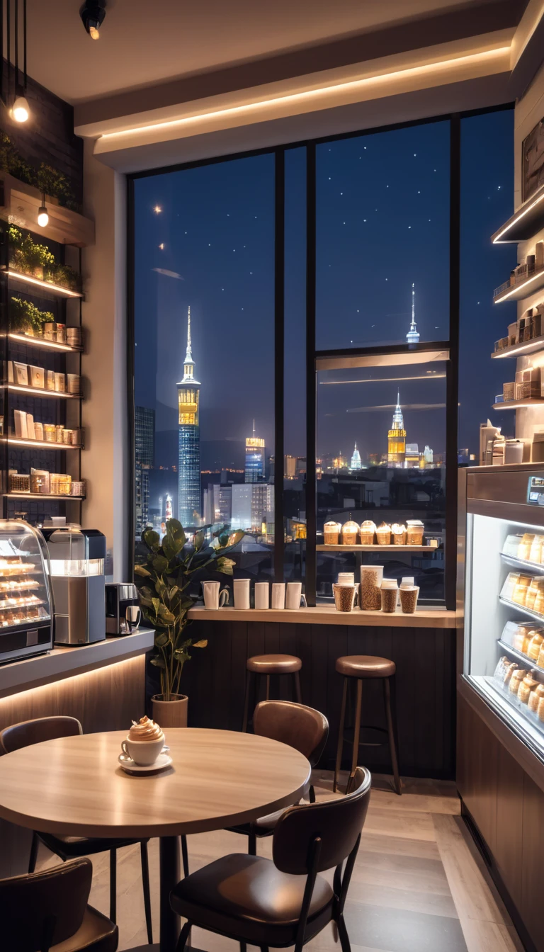a cozy night time at a coffe interior with cozy lighting and sweets in the shelves. There are coffee cups in the tables. a cash machine and a coffee maker machine in the counter,There is a big window in the middle of the coffeeshop and the outside view is the city at night.