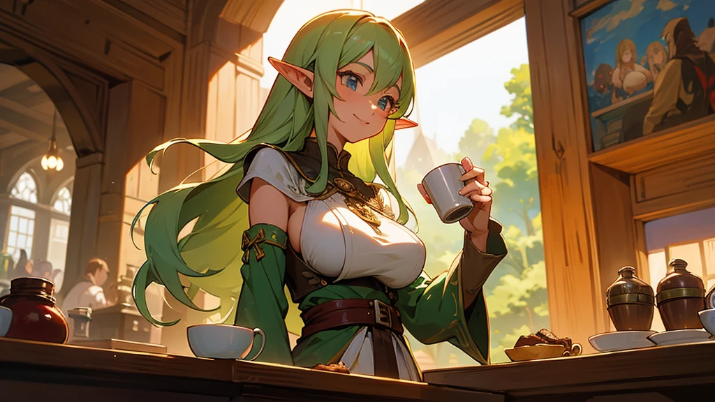 Anime Style,Nostalgic,Detailed background,The medieval world,A lively coffee shop with lots of people,A beautiful elf bard working part-time with a smile holding a cup of coffee,Large Breasts,Healthy thighs,Underarm