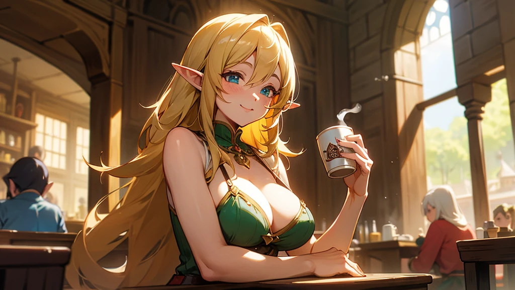 Anime Style,Nostalgic,Detailed background,The medieval world,A lively coffee shop with lots of people,A beautiful elf bard working part-time with a smile holding a cup of coffee,Large Breasts,Healthy thighs,Underarm