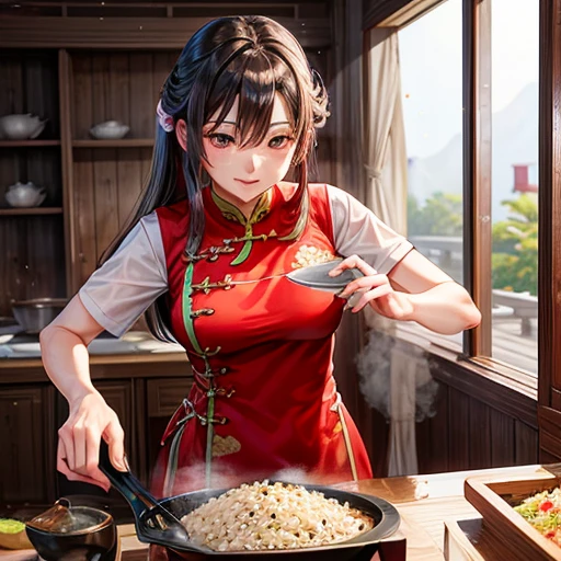 Mature Woman　Red Chinese Dress　Using a Chinese pan､Making fried rice　There is a slit