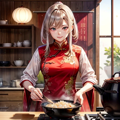 Mature Woman Red Chinese Dress Using a Chinese pan、Making fried rice There is a slit