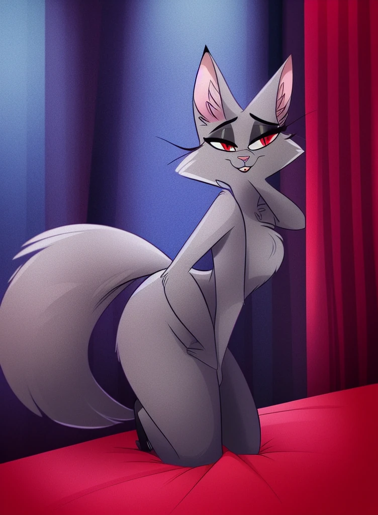 solo, feline, cat, felid, grey fur, red eyes, by vivzmind, (best quality, masterpiece:1), detailed, no humans, furry, anthro