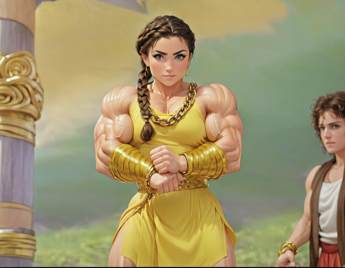 muscle woman with braided brunette hair wearing ancient greek yellow tunic flexing massive muscles wearing yellow metal bracelet, muscle woman, huge muscles, muscle girl, biceps, pecs