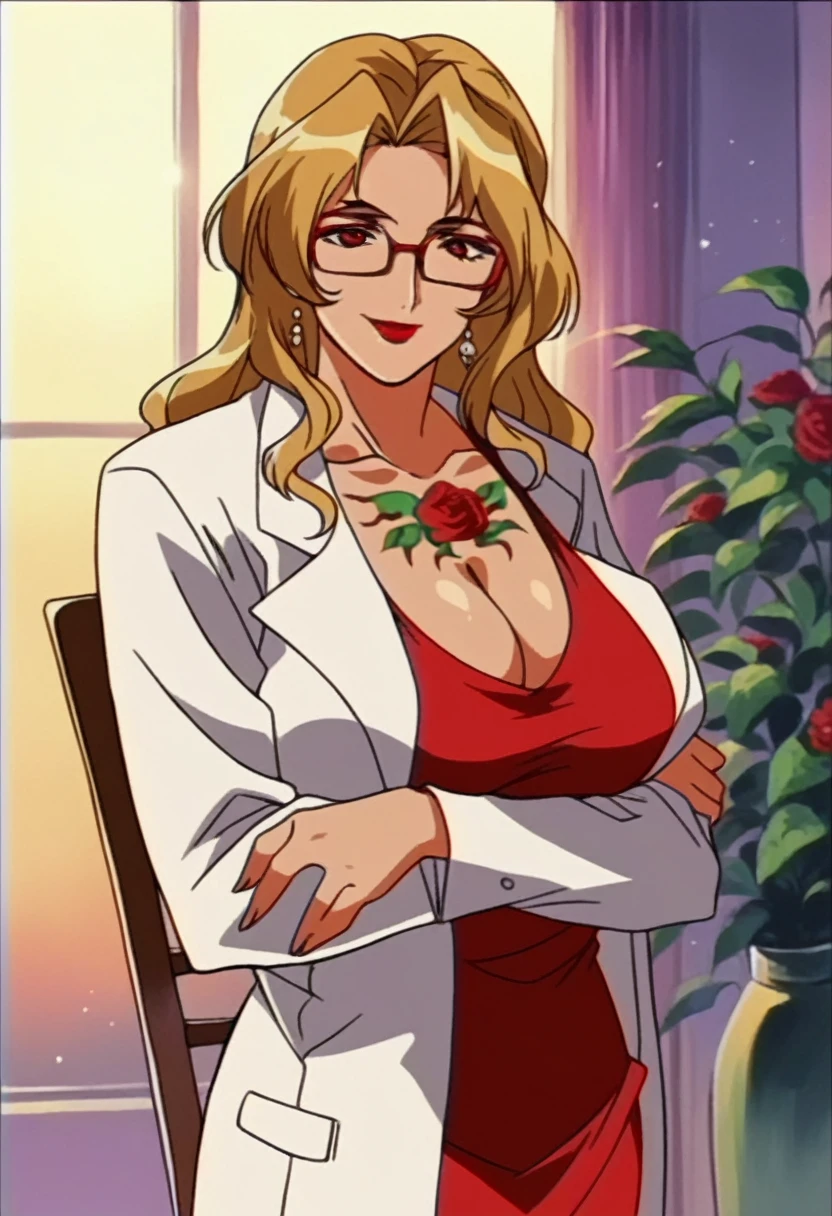 rating_explicit,beautyful mature woman, Shion Karanomori based, blonde wavy hair, encorped body, red glasses, red lipstick, red low-cut dress, whole body roses tattoos, white jacket,in city, morning, milf, smile, red eyes, crossed arms, large breasts