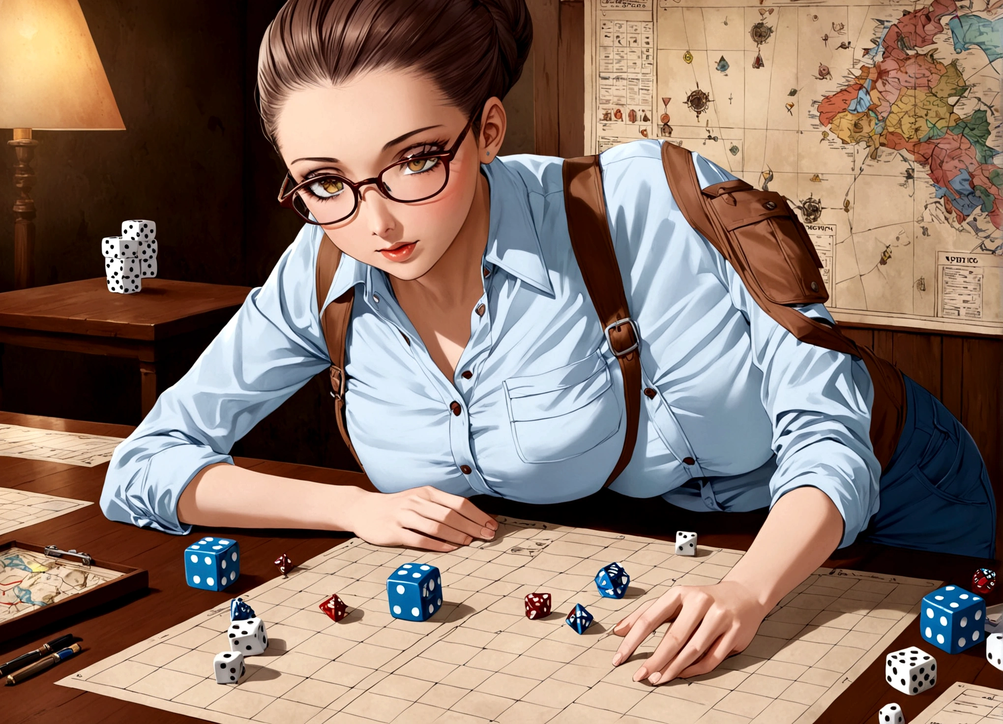 A gorgeous nerd (big glasses, tight hairdo, no make up, button up shirt with pocket protector, plain slack pants), investigating the battle map om the table, her character sheet and dice are nearby