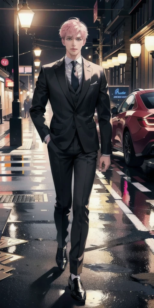 a man in a formal suit, high quality detailed illustration, 1 mature man, full body, bishoujo, bright skin, looking down, looking at viewer, pink hair, blue eyes, hanbok, high quality tailored suit, corporate CEO, (best quality, 4k, 8k, highres, masterpiece:1.2), ultra-detailed, (realistic, photorealistic, photo-realistic:1.37), HDR, UHD, studio lighting, ultra-fine painting, sharp focus, physically-based rendering, extreme detail description, professional, vivid colors, bokeh, portraits, concept art