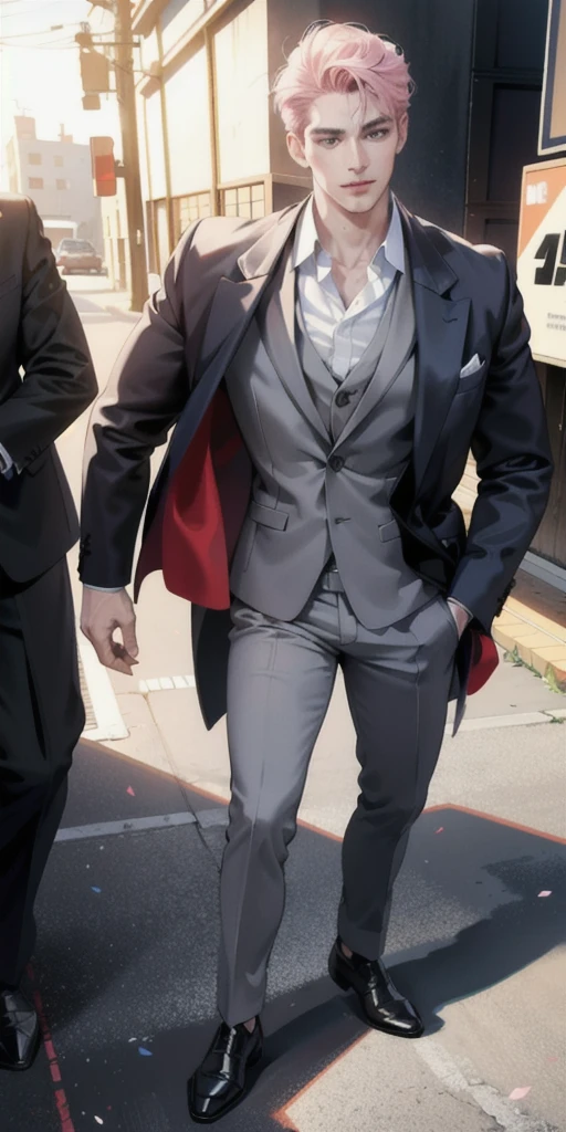 a man in a formal suit, high quality detailed illustration, 1 mature man, full body, bishoujo, bright skin, looking down, looking at viewer, pink hair, blue eyes, hanbok, high quality tailored suit, corporate CEO, (best quality, 4k, 8k, highres, masterpiece:1.2), ultra-detailed, (realistic, photorealistic, photo-realistic:1.37), HDR, UHD, studio lighting, ultra-fine painting, sharp focus, physically-based rendering, extreme detail description, professional, vivid colors, bokeh, portraits, concept art