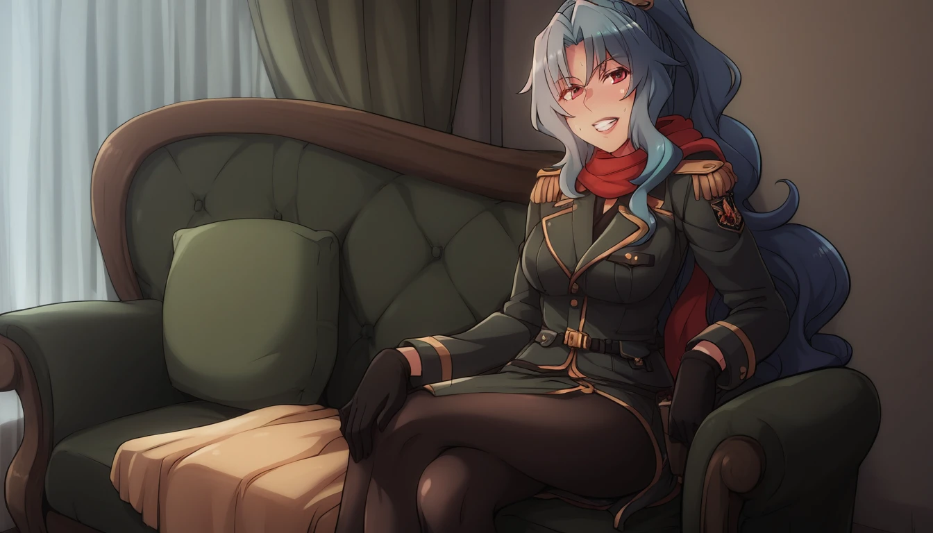 score_9, score_8_up, score_7_up, score_6_up, uncensored, Tomoe, blue hair, ponytail, red scarf, red eyes, naughty face, shiny skin, sweating, BREAK (masterpiece:1.2), best quality, high resolution, unity 8k wallpaper, (illustration:0.8), (detailed eyes:1.3), perfect lighting, extremely detailed CG, (perfect hands, perfect anatomy), hearts, pleasured, clenched teeth, thick lips, gloves, breasts, 1girl, large_breasts, sitting, military, black_gloves, couch, pantyhose, jacket, looking_at_viewer, military_uniform, bangs, indoors, chair, uniform, crossed_legs, long_sleeves, solo