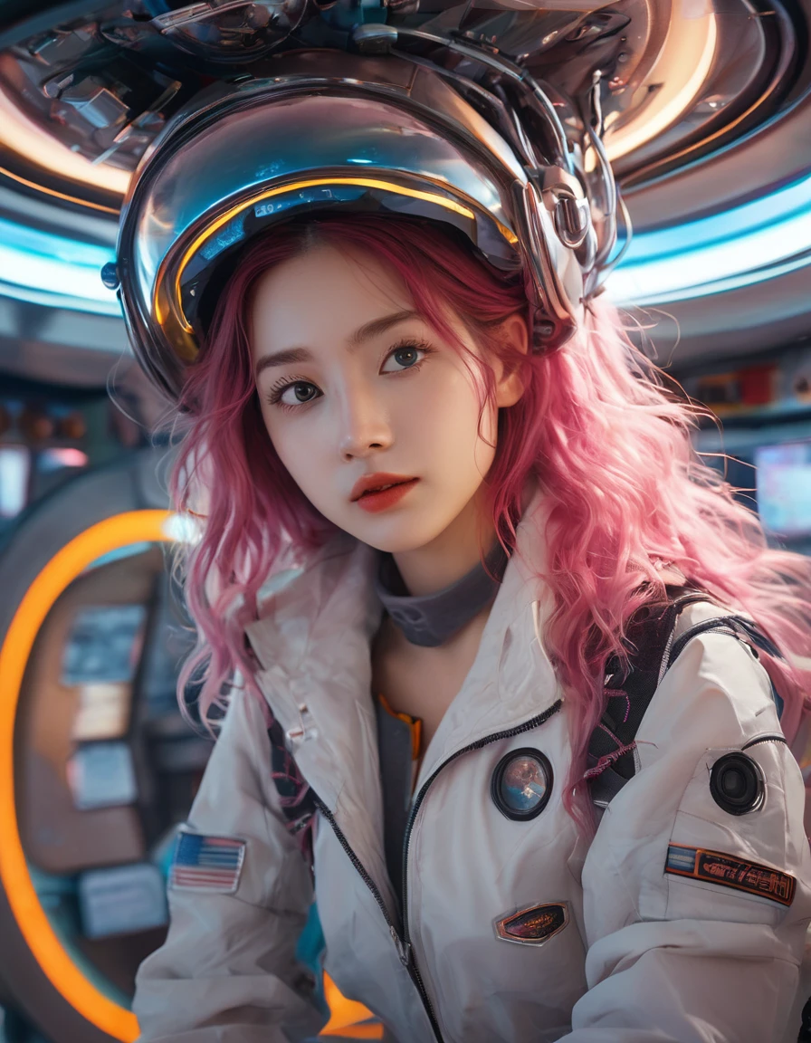 Masterpiece,Best quality,offcial art,Ultra-detailed CG unified 8K wallpaper, (hdr:1.4), (Cinematic), (pastel colour, dim colors, soothing tones:1.3), (Natural skin texture, long pink hair, hyper photorealism, Soft light, Sharp),(Extremely detailed), Professional lighting, Radio City,((1girll,20yr old)), In space, Spacecraft, suns rays, (wires and cables:1.1), (Science fiction:1.2), porthole, Illuminator, stars, fantasy, Best quality, Lots of details, Masterpiece, Ultra-detailed, illustration, Realistic, An extremely delicate and beautiful girl, Beautiful detailed eyes,8K_the wallpaper,Beautiful detailed girl, looking at viewert, Messy hair, Large breasts, side , ((Focus on the base of the thigh)), (Heavy-duty spacesuit,High-rise lightweight miniskirt,The areola is faintly visible,legs separated), Unbuttoned, full bodyesbian, ((Sexual suggestiveness)), Seductive smile,((From the front)),Desire for dissatisfaction,
