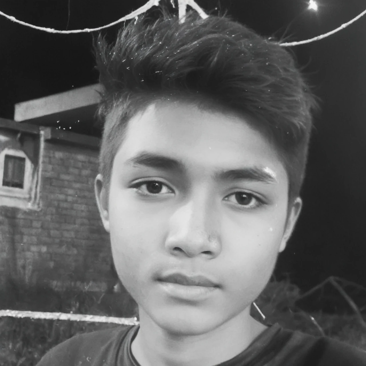 photograph, Psychotic Tangible thick Palestinian Boy, Ming Dynasty hairstyle, at College, Frightening, Bronzepunk, film grain, Canon eos 5d mark 4, Selective focus, DayGlo dust particles