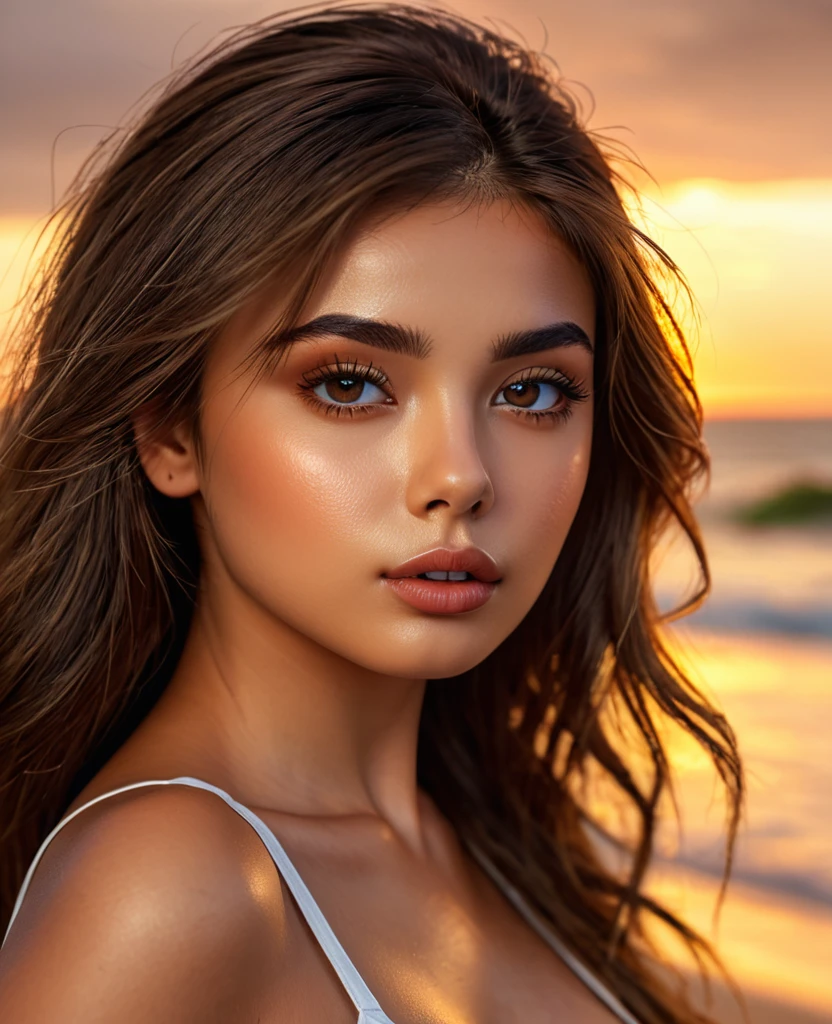 (perfect details), (extremely fine and beautiful:1.1), beautiful face, beautiful light brown eyes, (detailed face, detailed eyes:1.2), realistic skin textures, detailed pouty lips, tan skin, shiny brown hair, (add layer:1.2), dynamic angle, scenery MM, dramatic lighting, volumetric lighting, golden hour, masterpiece, best, quality, exotic Brazilian Girl, hd. Realistic, 8k, hyper realistic details