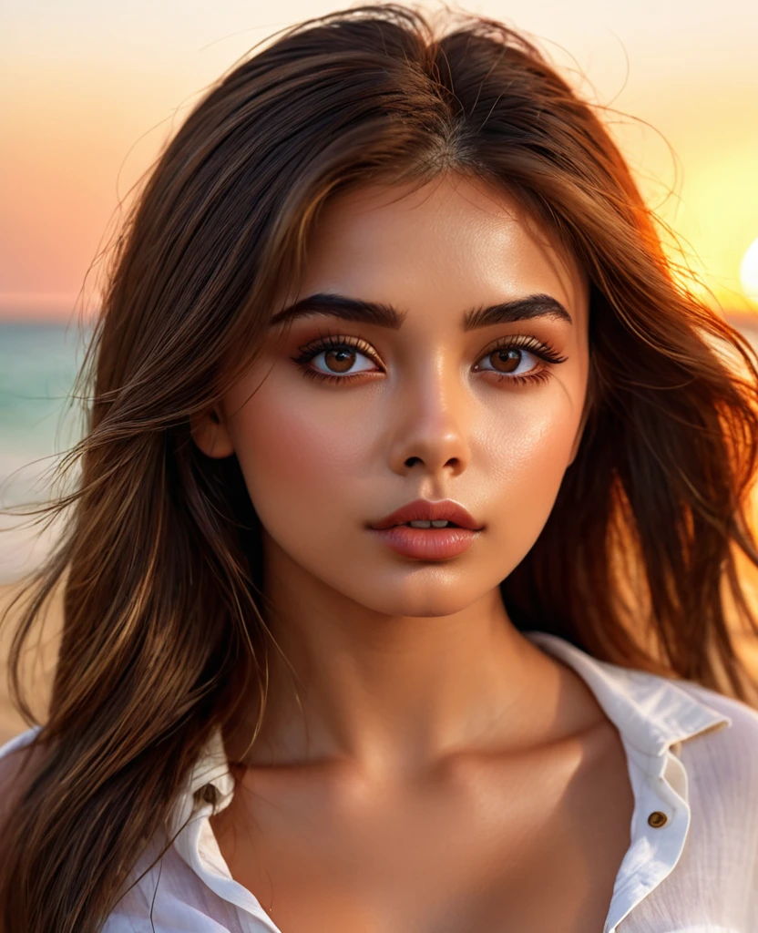 (perfect details), (extremely fine and beautiful:1.1), beautiful face, beautiful light brown eyes, (detailed face, detailed eyes:1.2), realistic skin textures, detailed pouty lips, tan skin, shiny brown hair, (add layer:1.2), dynamic angle, scenery MM, dramatic lighting, volumetric lighting, golden hour, masterpiece, best, quality, exotic Brazilian Girl, hd. Realistic, 8k, hyper realistic details