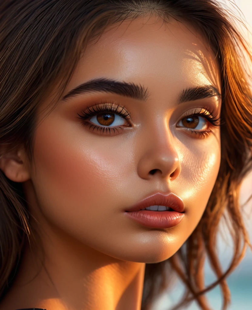 (perfect details), (extremely fine and beautiful:1.1), beautiful face, beautiful light brown eyes, (detailed face, detailed eyes:1.2), realistic skin textures, detailed pouty lips, tan skin, shiny brown hair, (add layer:1.2), dynamic angle, scenery MM, dramatic lighting, volumetric lighting, golden hour, masterpiece, best, quality, exotic Brazilian Girl, hd. Realistic, 8k, hyper realistic details