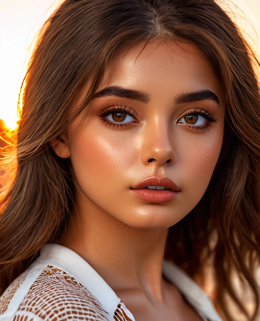 (perfect details), (extremely fine and beautiful:1.1), beautiful face, beautiful light brown eyes, (detailed face, detailed eyes:1.2), realistic skin textures, detailed pouty lips, tan skin, shiny brown hair, (add layer:1.2), dynamic angle, scenery MM, dramatic lighting, volumetric lighting, golden hour, masterpiece, best, quality, exotic Brazilian Girl, hd. Realistic, 8k, hyper realistic details