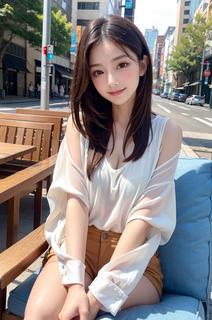 ((Highest quality)), ((masterpiece)), (Familiar), Perfect Face, masterpiece、Highest quality、High resolution、wallpaper、Realistic、Bright lighting、Professional Lighting、Face Light、Smooth lighting、Japanese women、20th Gen Midplate、so beautiful、Beautiful Skin、Beautiful and exquisite、Familiar顔、slim、moderately、short hair、Brunette colored hair、Brown eyes、Looking into the camera、Cafe sofa、 Commercial Photography, Beautiful Instagram influencer girls, The best smile,Daytime