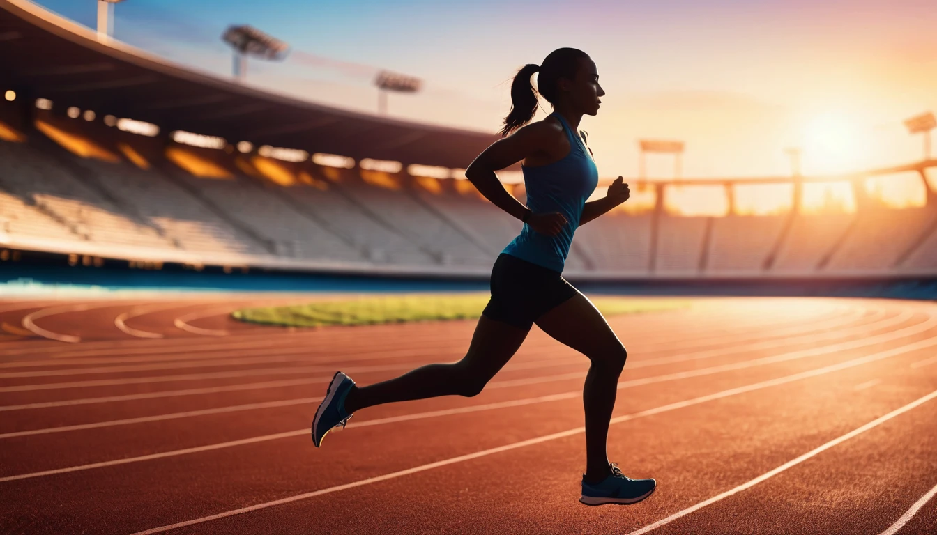 illustration of athletic runner silhouette training in stadium at sunset preparing for olympic sports games, bokeh background of a running track