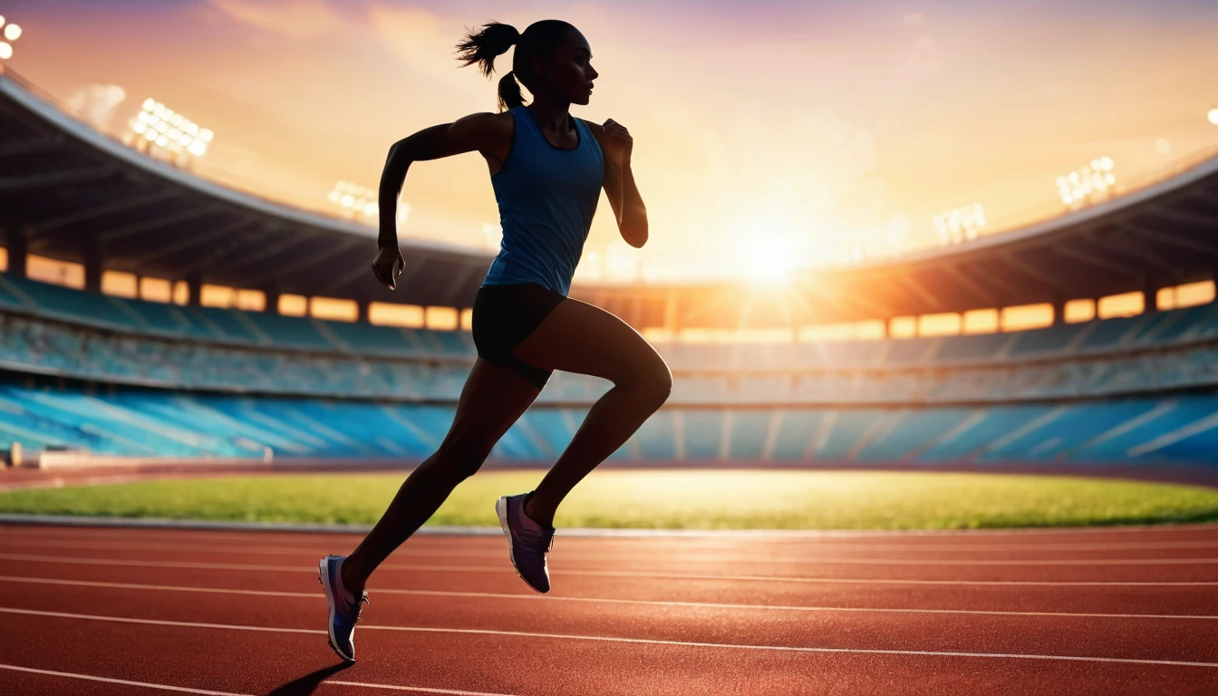 illustration of athletic runner silhouette training in stadium at sunset preparing for olympic sports games, bokeh background of a running track