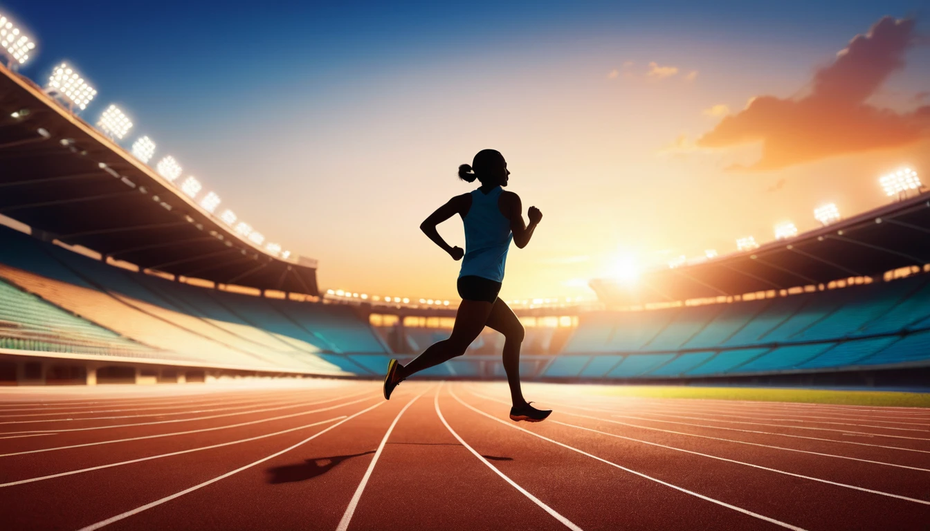 illustration of athletic runner silhouette training in stadium at sunset preparing for olympic sports games, bokeh background of a running track