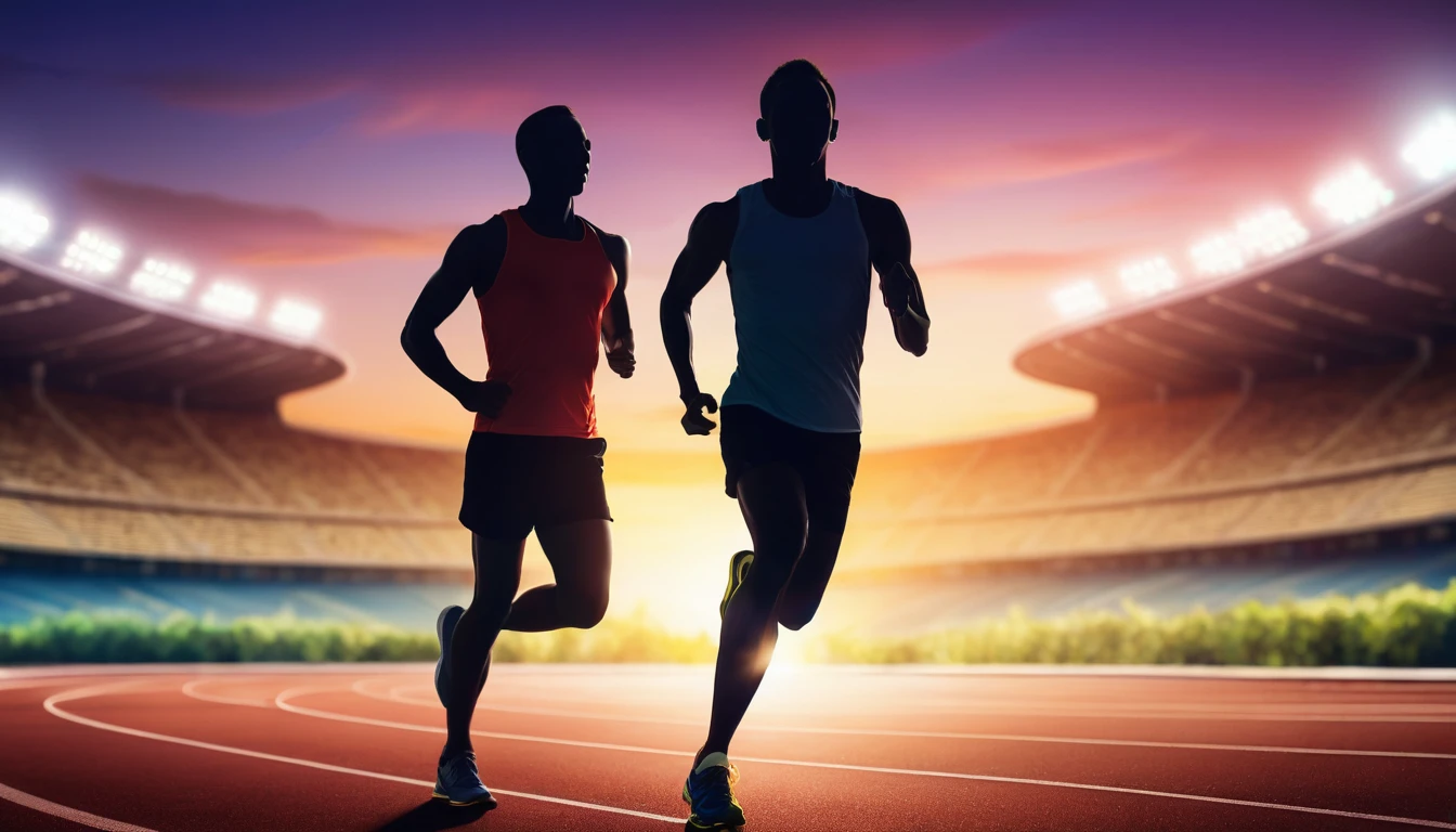 illustration of athletic runner silhouette training in stadium at sunset preparing for olympic sports games, bokeh background of a running track