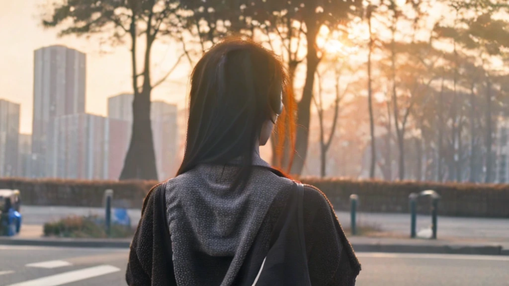 walk along a sidewalk,sunset,headphone,back of body,Ray Tracing, Realistic, dramatic, 1 Girl, 21 year old cute japanese girl