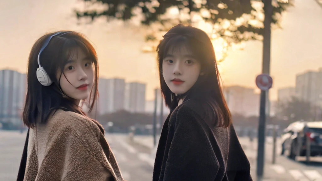 walk along a sidewalk,sunset,headphone,back of body,Ray Tracing, Realistic, dramatic, 1 Girl, 21 year old cute japanese girl