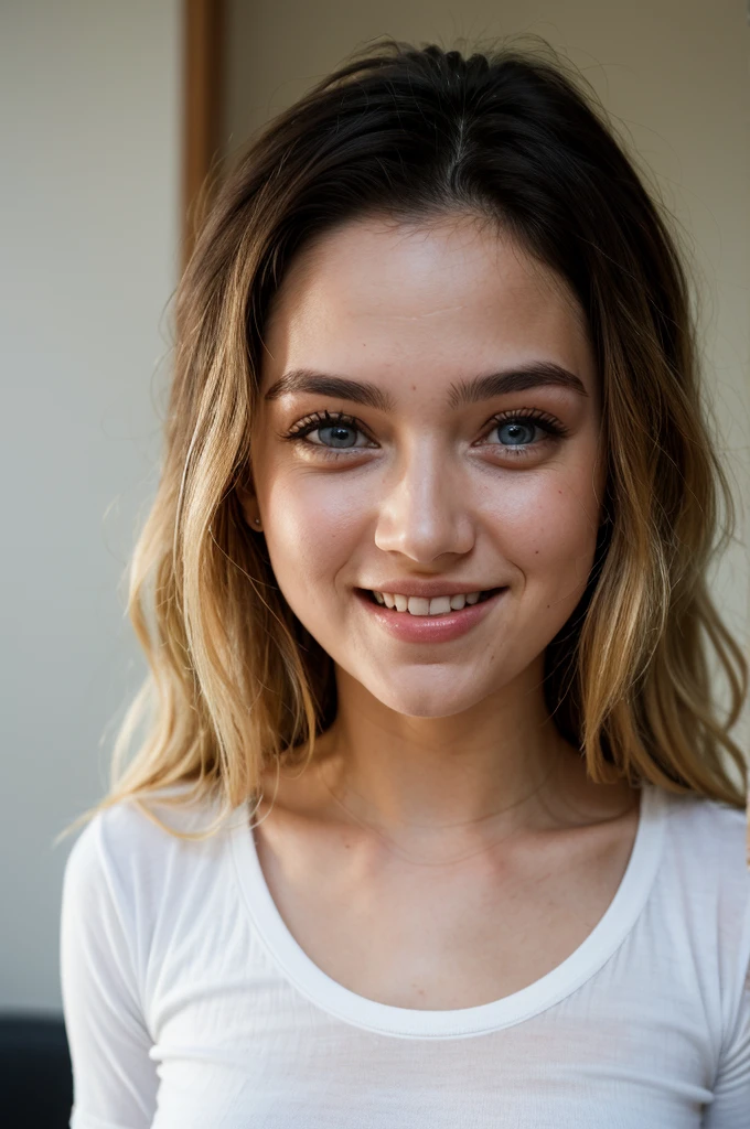 woman 23 years old streamer, laughing in the room, sultry gaze, with long white t-shirt, blonde brown eyes, high qualiy