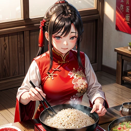Mature Woman Red Chinese Dress Using a Chinese pan、Making fried rice There is a slit ショートカット