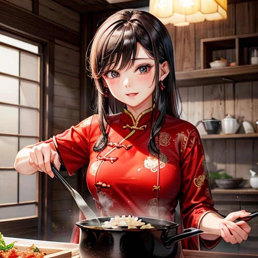 Mature Woman　Red Chinese Dress　Using a Chinese pan､Making fried rice　There is a slit　ショートカット