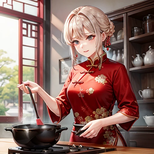 Mature Woman Red Chinese Dress Using a Chinese pan、Making fried rice There is a slit ショートカット