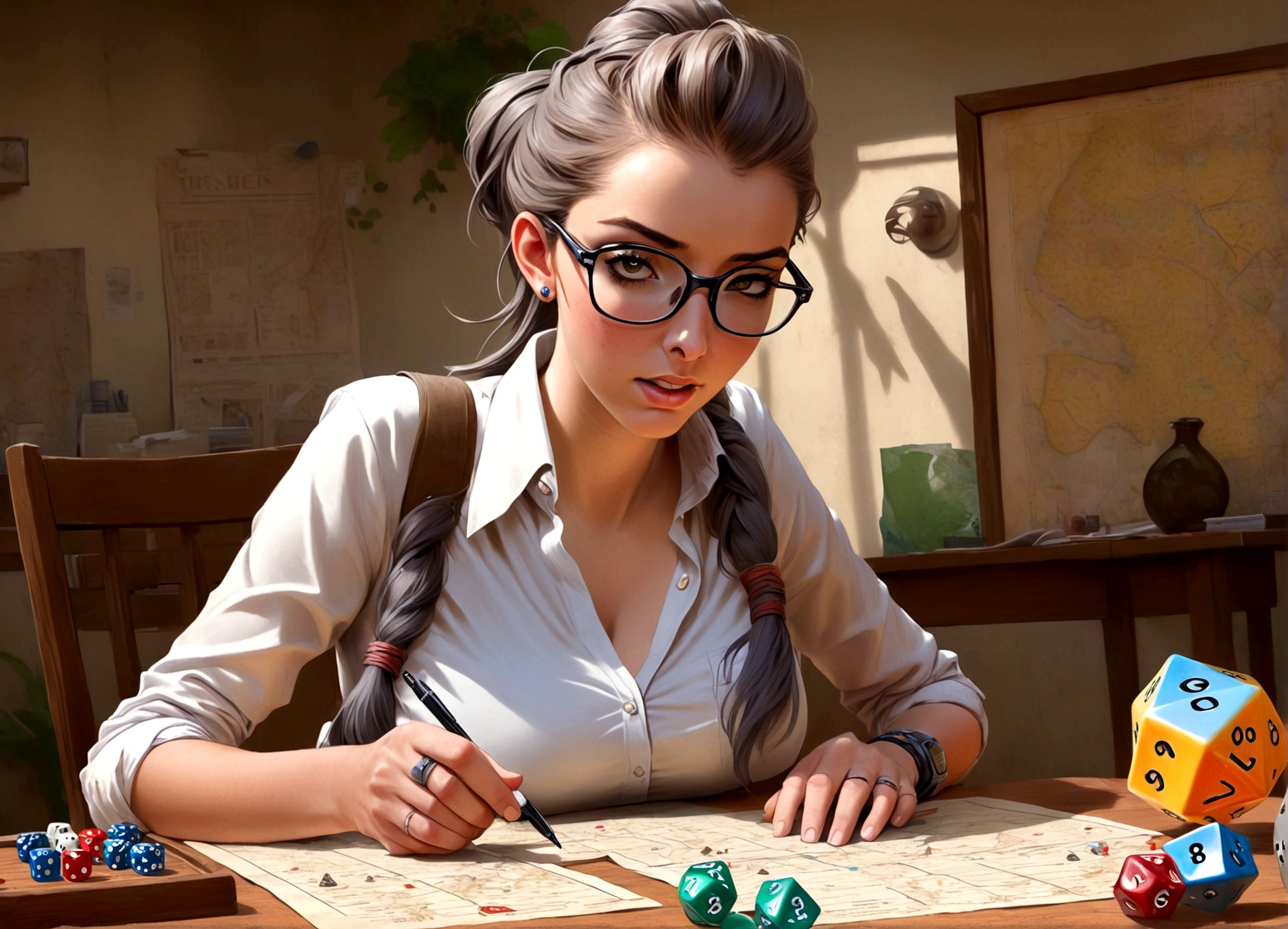 A gorgeous nerd (big glasses, tight hairdo, no make up, button up shirt with pocket protector, plain slack pants), investigating the battle map om the table, her character sheet and dice are nearby