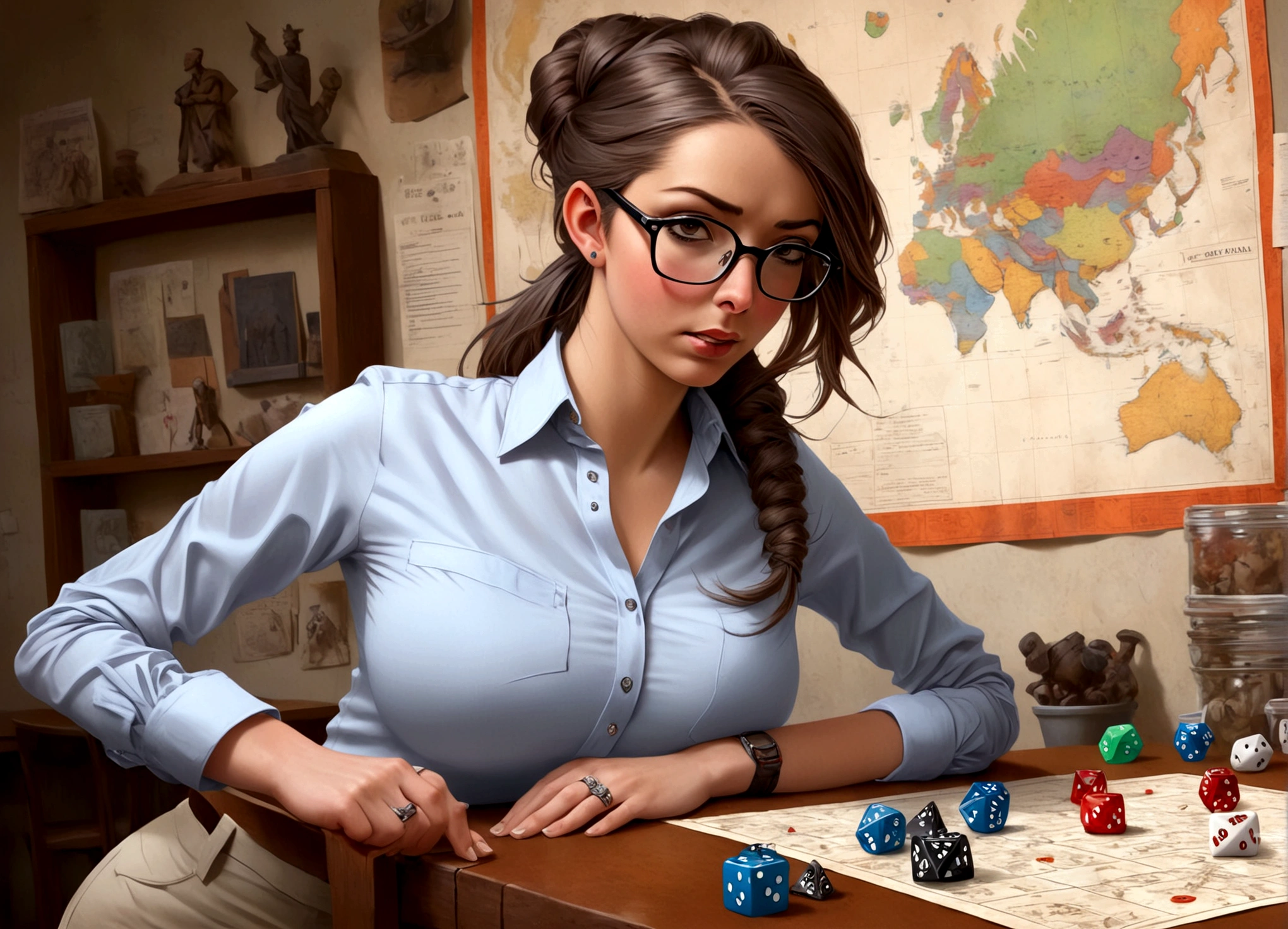 A gorgeous nerd (big glasses, tight hairdo, no make up, button up shirt with pocket protector, plain slack pants), investigating the battle map om the table, her character sheet and dice are nearby
