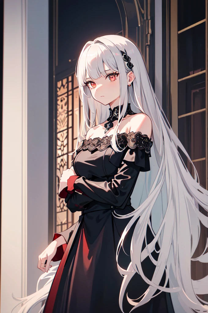 (bestquality, masterpiece), (An elegant girl , 1girl , solo, "Black leather Dress ", off-the-shoulder, Standing, looking at the audience, silver Hair", Long-haired,  straight silver hair, straight silver bangs, red rose eyes, closed mouth , Upper body), (black and red, background), diamond lace, elegant ornament, elegant jewelry 