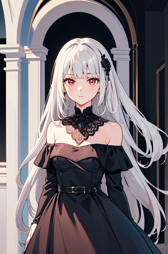 (bestquality, masterpiece), (An elegant girl , 1girl , solo, "Black leather Dress ", off-the-shoulder, Standing, looking at the audience, silver Hair", Long-haired, straight silver hair, straight silver bangs, red rose eyes, closed mouth , Upper body), (black and red, background), diamond lace, elegant ornament, elegant jewelry