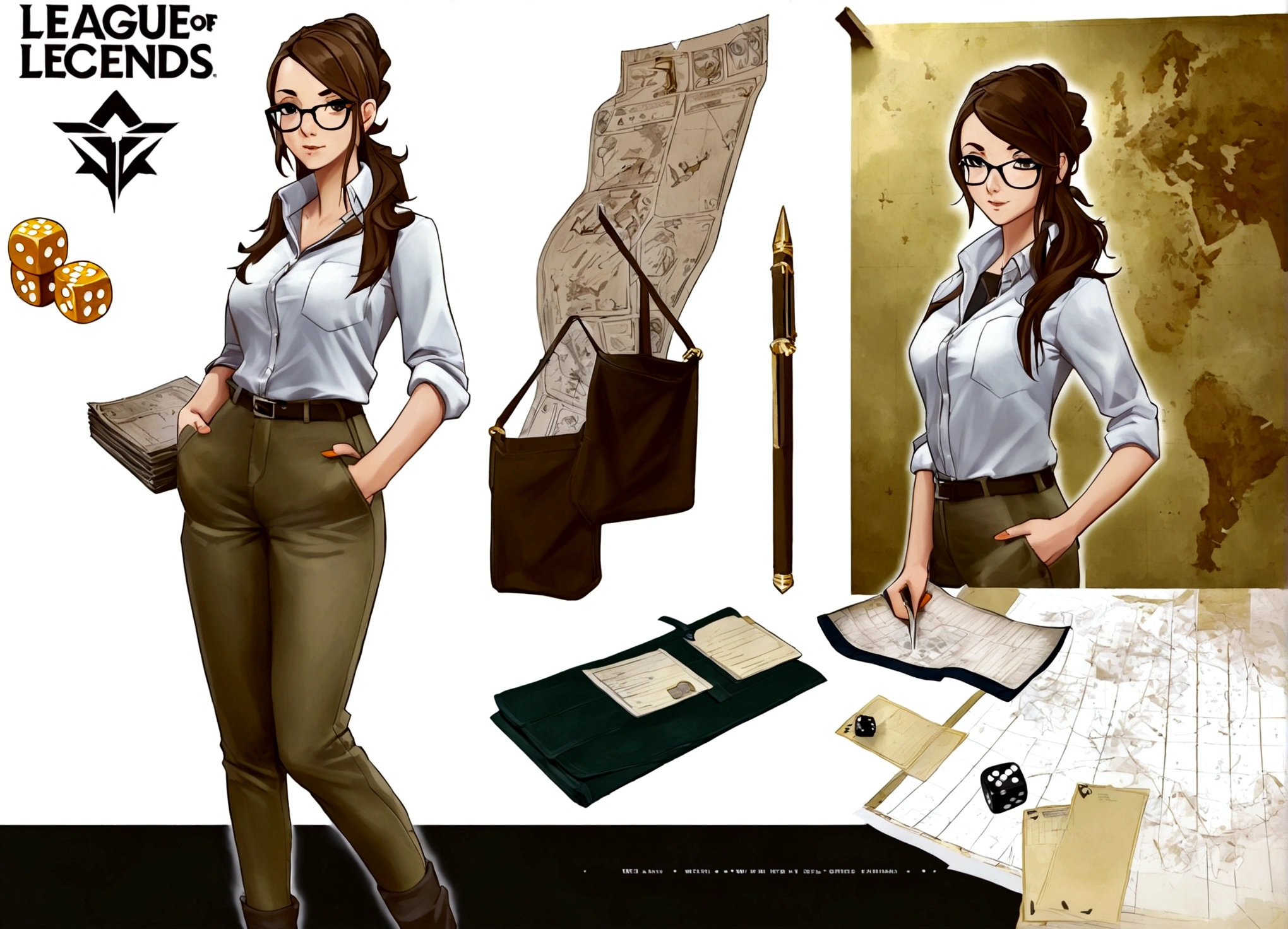 A gorgeous nerd (big glasses, tight hairdo, no make up, button up shirt with pocket protector, plain slack pants), investigating the battle map om the table, her character sheet and dice are nearby
