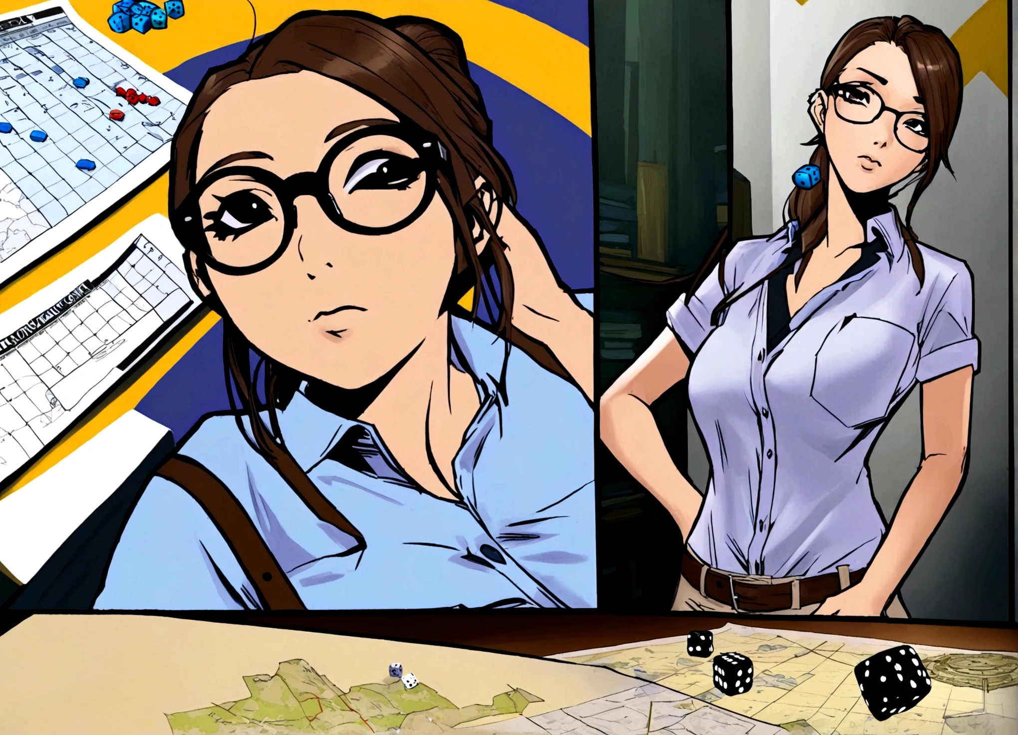 A gorgeous nerd (big glasses, tight hairdo, no make up, button up shirt with pocket protector, plain slack pants), investigating the battle map om the table, her character sheet and dice are nearby
