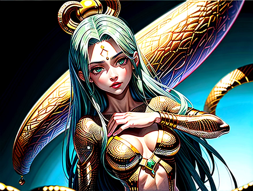 ((Highest quality)), ((masterpiece)), ((Realistic)), Medusa, whole body, Her hair is made up of countless tiny snakes, Green Eyes, Woman's face, Metal Engraving Top, Royal Aura, Art Station Trends , Sharp focus, Studio Photo, Exquisite detail, Very detailed, Detailed eyes, figure, Very detailed, Sharp focus, Digital Rendering, Professional, 8K, 9:16