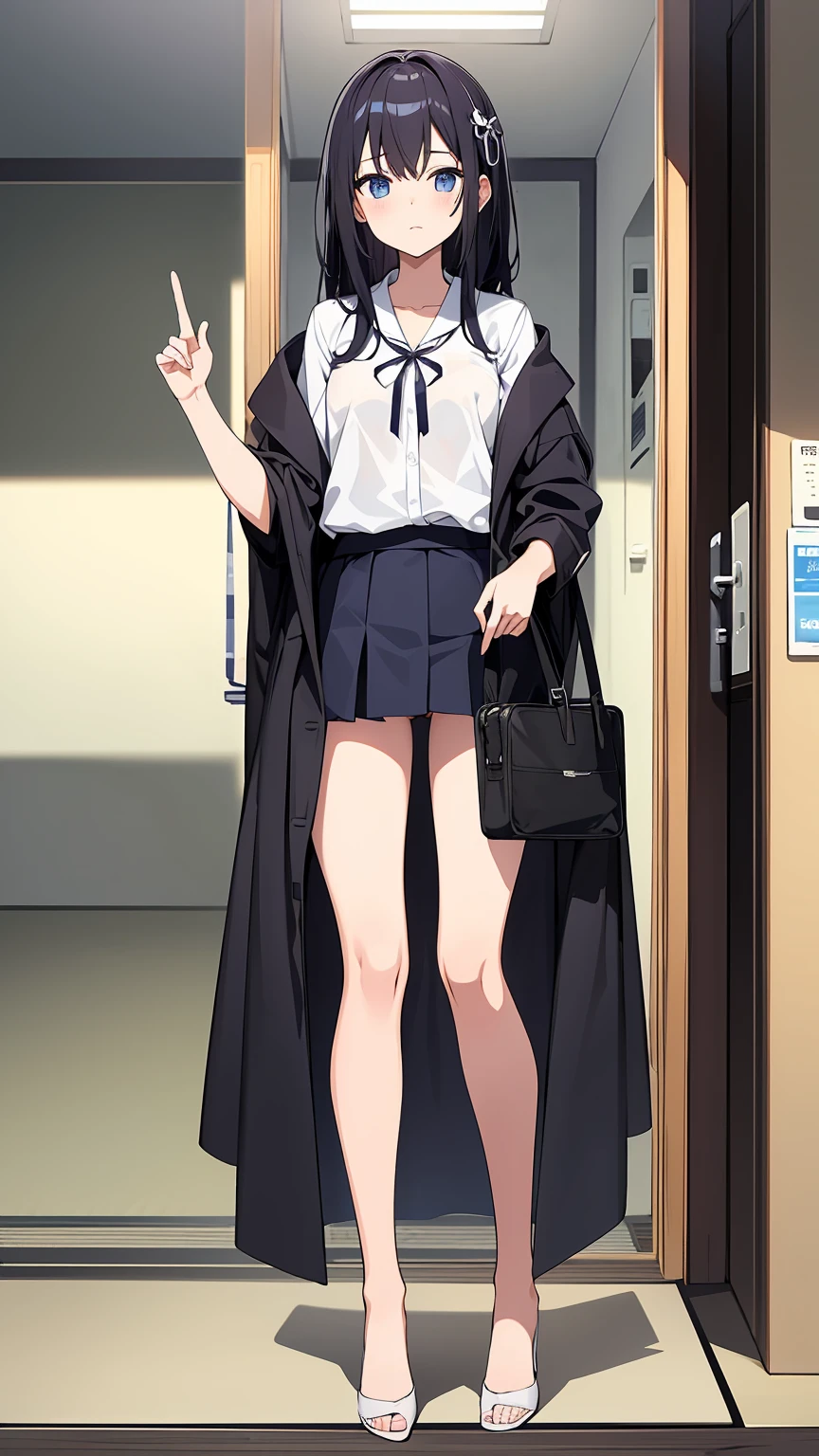 Girls under 8 years old, under 100 height, dress, small breasts, patterned cotton panties, fabric realistic, black long hair, no jacket, abandoned hospital