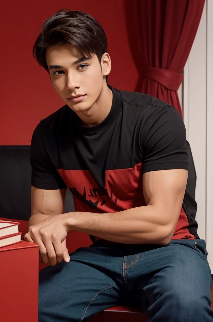 Study vlog thumbnail background is red colour dark and attractive and boy is so intelligent and study material colourful