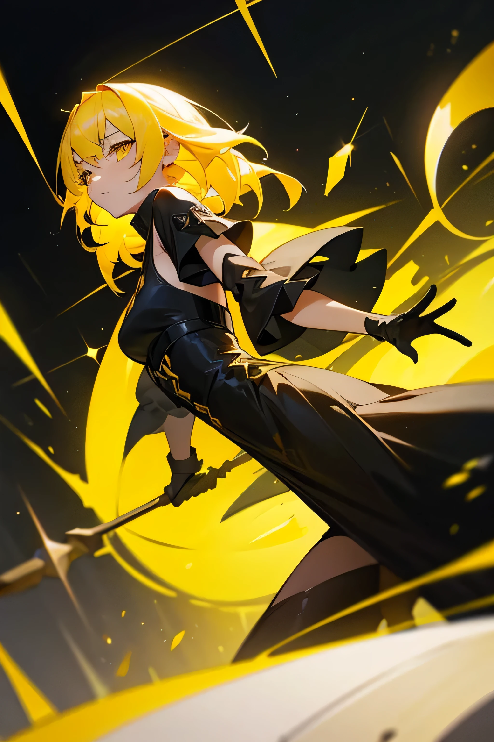 A girl with yellow hair and yellow eyes,with a black dress and black gloves destroyed the earth with yellow rays