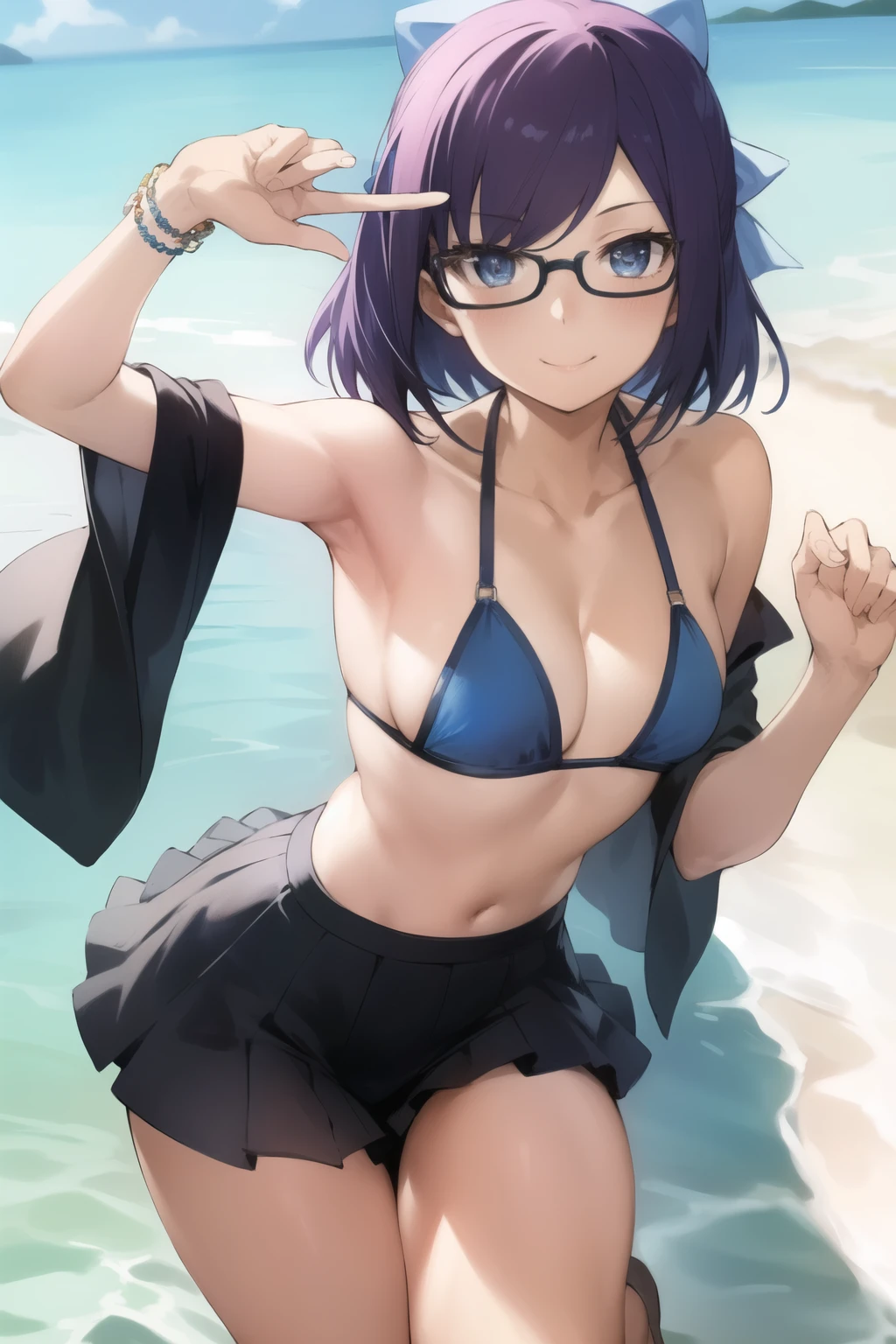 2d, masterpiece, best quality, anime, highly detailed face, highly detailed eyes, highly detailed background, perfect lighting, full body, 1girl, solo, a-chan, beach, bikini, crowd, embarrassed, smile 