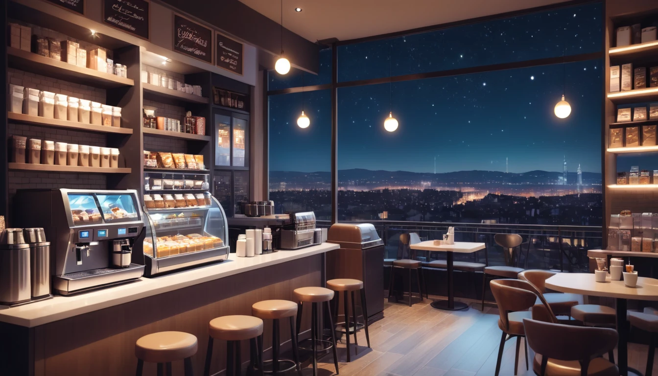 a cozy night time at a coffe interior with cozy lighting and sweets in the shelves. There are coffee cups in the tables. a cash machine and a coffee maker machine in the counter,There is a big window in the middle of the coffeeshop and the outside view is the city at night.