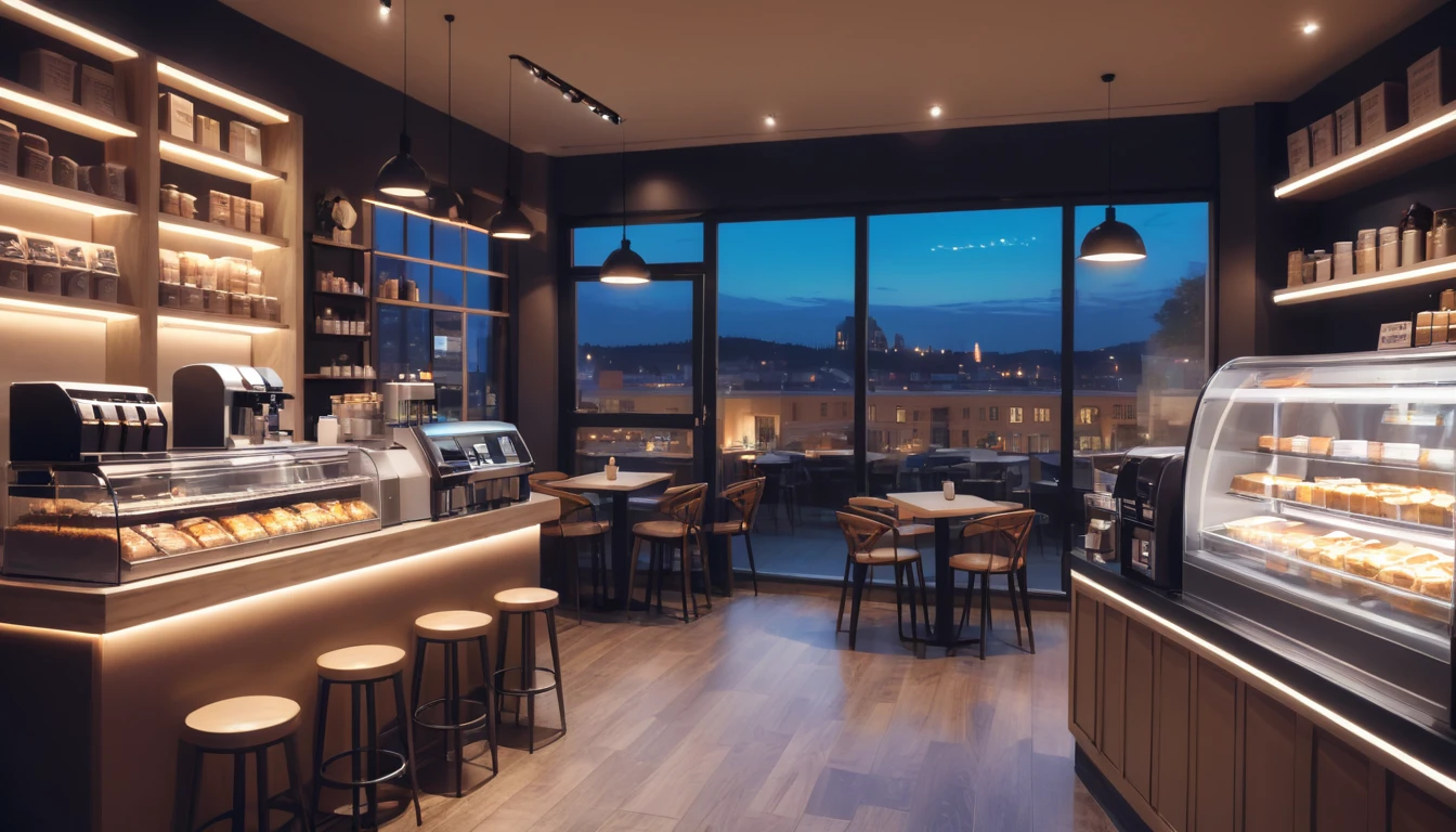 a cozy night time at a coffe interior with cozy lighting and sweets in the shelves. There are coffee cups in the tables. a cash machine and a coffee maker machine in the counter,There is a big window in the middle of the coffeeshop and the outside view is the city at night.